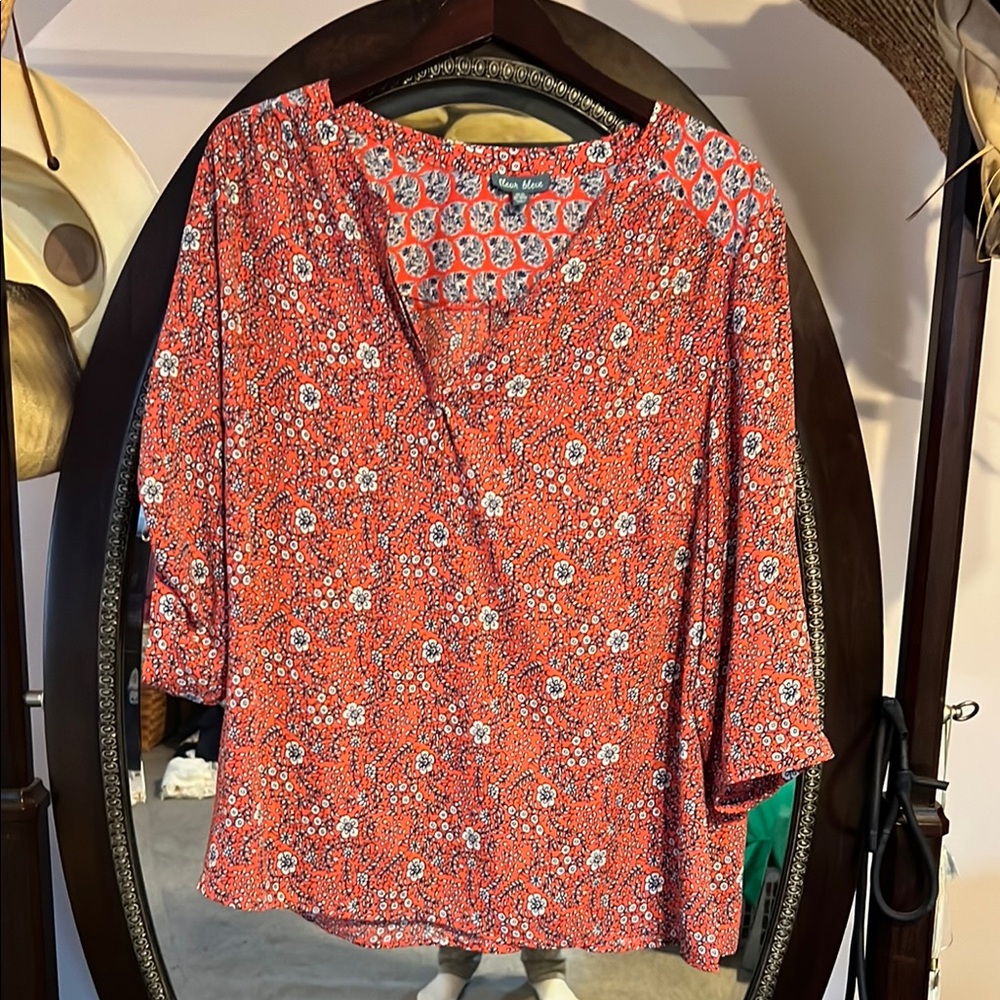 Orange Floral 3/4 Sleeve Blouse Relaxed Fit